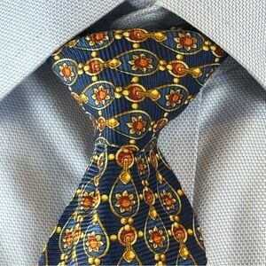 Vito Rofolo Men’s Necktie Blue and Gold Foulard 100% Silk Patterned Tie